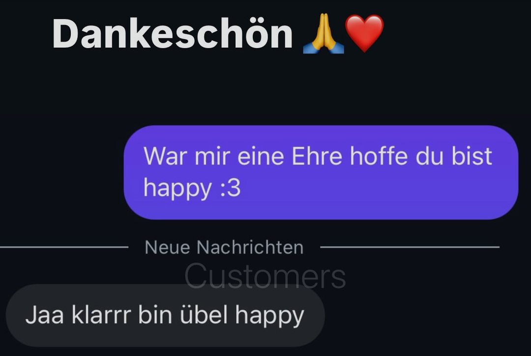 Screenshot of a client review in German. Reply from Basti: „War mir eine Ehre hoffe du bist happy :3“ Client message: „Jaa klarrr bin übel happy“