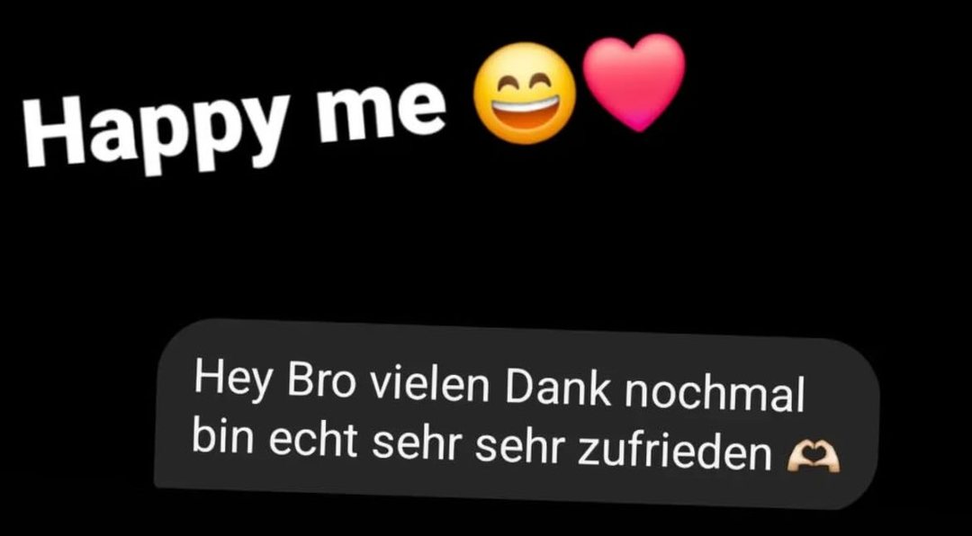 Screenshot of a client review in German. Client message: „Hey Bro vielen Dank nochmal bin echt sehr sehr zufrieden 🫶“