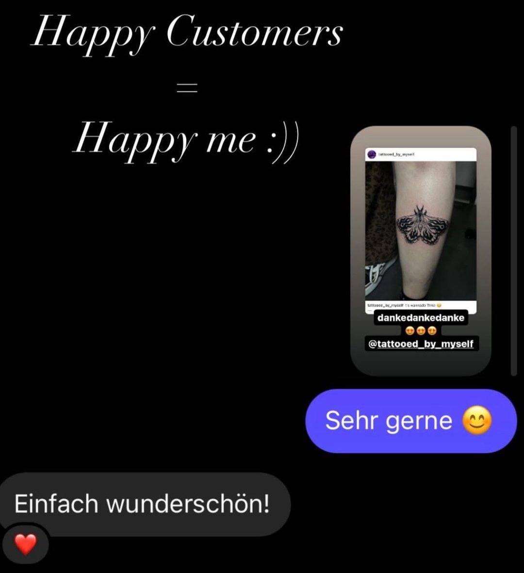 Screenshot of a client review in German. Client message: „dankedankedanke 😍😍😍“ Reply from Basti: „Sehr gerne 😊“ Client message: „Einfach wunderschön!“